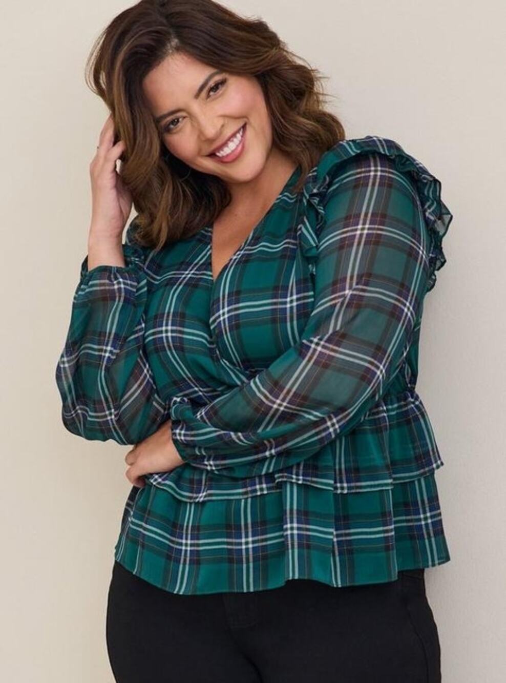 Torrid Green Plaid Chiffon Ruffled Surplice Crop Top Blouse 2 Holiday Christmas